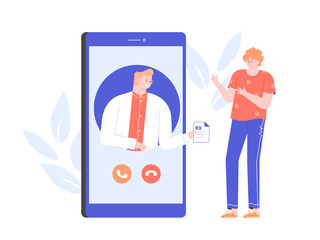 Consultation with a doctor online. Medical application on a smartphone. Diagnosis to the patient and prescription. Male therapist. Vector flat illustration with characters.