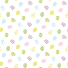 Hand drawn seamless vector pattern with cartoon painted eggs, on a white background. Scandinavian style flat design. Concept for Easter day kids textile print, wallpaper, wrapping paper, packaging.