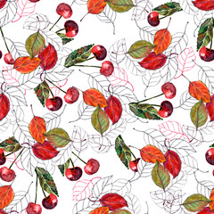 Watercolor  berry cherry with leaves. Seamless pattern on white background.