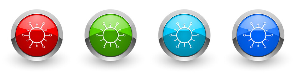 Virus silver metallic glossy icons, bacteria, pathogen, infection concept set of modern design buttons for web, internet and mobile applications in four colors options isolated on white background