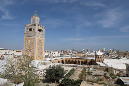 View of the minaret of the Zitouna mosque in Tunis from the rooftops of the city