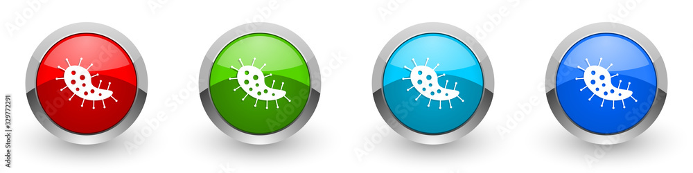 Poster virus silver metallic glossy icons, bacteria, pathogen, infection concept set of modern design butto