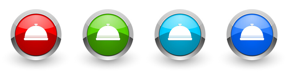 Restaurant silver metallic glossy icons, food service concept set of modern design buttons for web, internet and mobile applications in four colors options isolated on white background