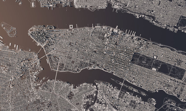 New York City Map 3D Rendering. Aerial Satellite View.