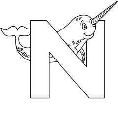 animal alphabet. capital letter N, Narwhal. Raster illustration. For pre school education, kindergarten and foreign language learning for kids and children. Coloring page and books, zoo topic.