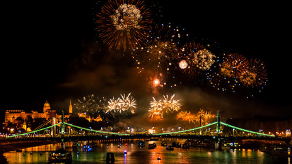 Fireworks over the Danube in Budapest on August 20th in 2019. The day of the foundation of the 1019 years old Hungarian state.
