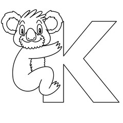 animal alphabet. capital letter K, Koala. Raster illustration. For pre school education, kindergarten and foreign language learning for kids and children. Coloring page and books, zoo topic.