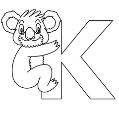 animal alphabet. capital letter K, Koala. vector illustration. For pre school education, kindergarten and foreign language learning for kids and children. Coloring page and books, zoo topic.