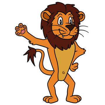 animal lion. Vector illustration. For pre school education, kindergarten and kids and children. For print and books, zoo topic. african big cat waving hand or paw and smiling happy face, friendly