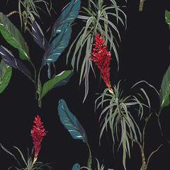 Seamless Pattern Night Blooming Red Flower in Tropical Leaves, Midnight Jungle Wallpaper, Hand Drawn Exotic Illustration on Black Background