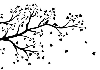 Vector illustration of abstract, stylized, decorated tree branch with hearts and couple of birds, in black color, isolated, on white background