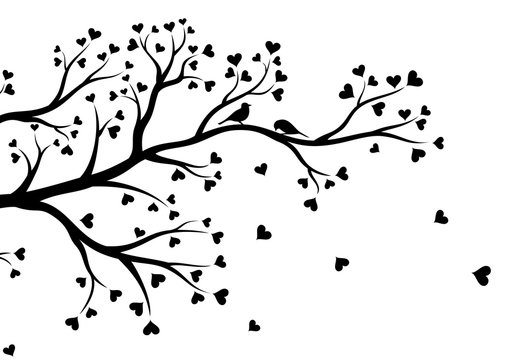 Vector illustration of abstract, stylized, decorated tree branch with hearts and couple of birds, in black color, isolated, on white background