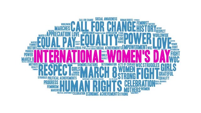 International Women's Day animated word cloud on a white background. 