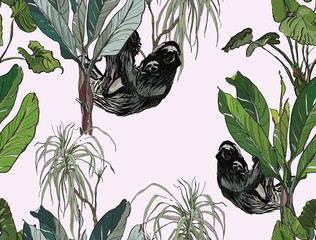 Seamless Pattern Wildlife Sloth Tropical Animal with Baby on Palms, Jugnle Print Textile Design