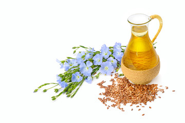 Linseed oil, flaxseed and flowers isolated on a white.