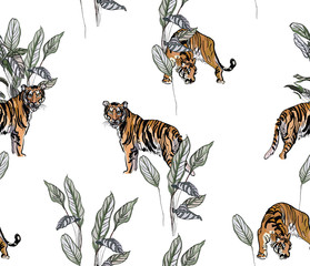 Seamless Pattern Tigers in Tropical Leaves, Wildlife Animals Small Groups on White Background, Fabric Design