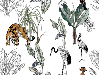 Tiger, Chinese Cranes and Hoopoe Birds in Outline Banana Palm Trees, Tropical Jungle Textile Design, Hand Drawn Outline Print