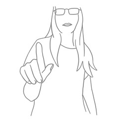 The girl presses a virtual button. Hand and finger. Woman with her index finger. Sketch hand drawn line. Vector illustration.