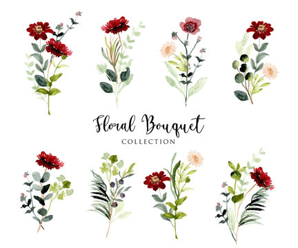 red green wild floral bouquet watercolor collection