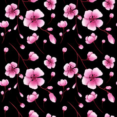 Seamless cherry blossom pattern. Hand drawn sakura blossom background illustration. Pink cherry flowers pattern for print, fabric, greeting cards, wedding, wrapping paper. Black flower pattern.