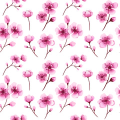 Seamless cherry blossom pattern. Hand drawn sakura flowers background illustration. Pink cherry flowers pattern for print, fabric, greeting cards, wedding, wrapping paper. Sakura blossom pattern.