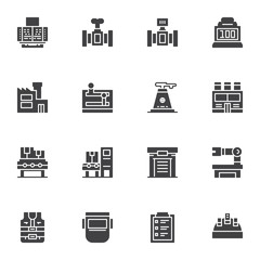 Factory manufacture vector icons set, modern solid symbol collection, filled style pictogram pack. Signs, logo illustration. Set includes icons as robot hand, automatic conveyor belt, factory building