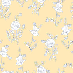 Seamless Floral Vector Pattern with elegant poppies and butterflies for decoration, print, textile, fabric, stationery