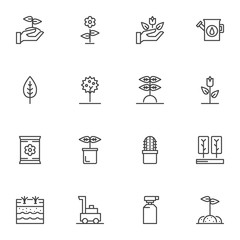 Gardening line icons set. linear style symbols collection, Farming outline signs pack. vector graphics. Set includes icons as apple tree, growing plant in soil, seed pack, leaf, lawnmover, flowers