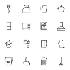 Household elements line icons set. linear style symbols collection, outline signs pack. vector graphics. Set includes icons as kitchenware, tea kettle, cooking pot, microwave stove, oven, hand mixer
