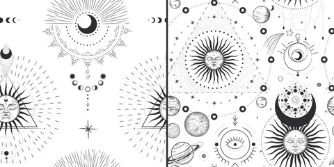 Vector illustration set of moon phases. Different stages of moonlight activity in vintage engraving style. Zodiac Signs