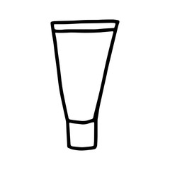 The tube of cream in the style of Doodle.Simple black and white illustration isolated on a white background.Products for beauty and health.Outline drawing by hand.Vector illustration