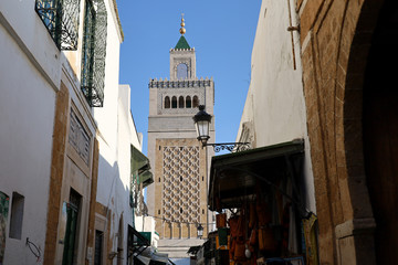 View on the Zitouna mosque of Tunis from a street 