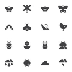 Spring, animal vector icons set, modern solid symbol collection, filled style pictogram pack. Signs, logo illustration. Set includes icons as insects, butterfly, bird, snail, ladybird, sunny weather