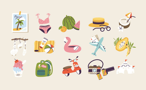 Vector illustrations of different travel, vacation or holiday signs and logos. Collection icons of summer vacation trip.