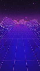 virtual landscape in retro style in the night light, vertical layout, retro wave graphic design, abstract sky and mountains polygonal, pink-purple dark light
