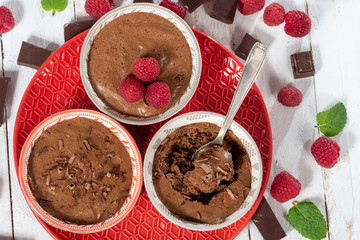 three bowls of homemade chocolate mousse