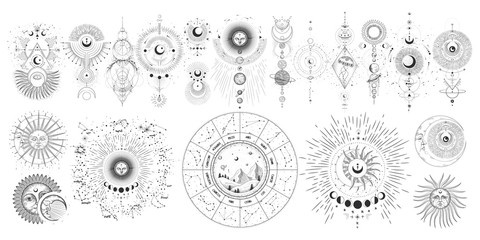 Vector illustration set of moon phases. Different stages of moonlight activity in vintage engraving style. Zodiac Signs