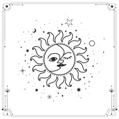 Vector illustration set of moon phases. Different stages of moonlight activity in vintage engraving style. Zodiac Signs