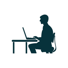 Silhouette of a man sitting at a computer on a white background. - 329779251