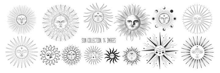 Vector illustration set of moon phases. Different stages of moonlight activity in vintage engraving style. Zodiac Signs