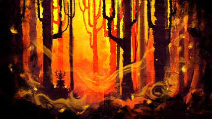 A magical forest with fireflies, against a background of yellow-red sunset, with vertical silhouettes of trees with the edge of the composition, a meditating shaman with deer horns