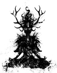 A girl druid with large deer horns, meditates in the lotus position, her hair soars up, her eyes burn with fire. Drawn by brush strokes and blots. 2d illustration.