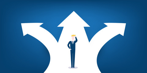 Arrows, Choice, Direction Design Concept - Decisions, Businessman Thinking of Which Way to Choose, Deciding the Next Step - Vector Illustration
