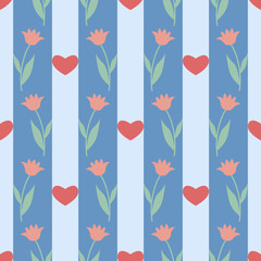 Seamless pattern with hearts and flowers tulips. Spring floral background. Vector illustration EPS10