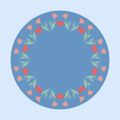 Fototapeta premium Decorative plate with round floral ornament. Circular floral frame with wild flowers tulips and hearts. Vector illustration EPS10