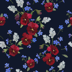Vector floral seamless pattern with red pansies, and forget me not flowers