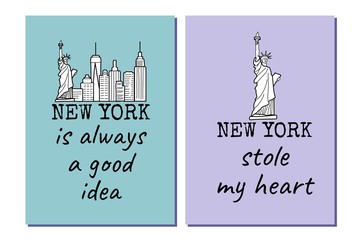 New york posters set with the Liberty Statue, city high buildings and text. Black and white line drawing. Great to use as a t-shirt print. Vector