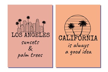Los Angeles California posters set with palm trees, skyline and text. Black and white line drawing. Great to use as a t-shirt print. Vector