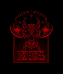 Red devil logo scary demonic skull with axe weapon vintage