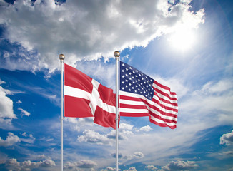 United States of America vs Denmark. Thick colored silky flags of America and Denmark. 3D illustration on sky background. - Illustration